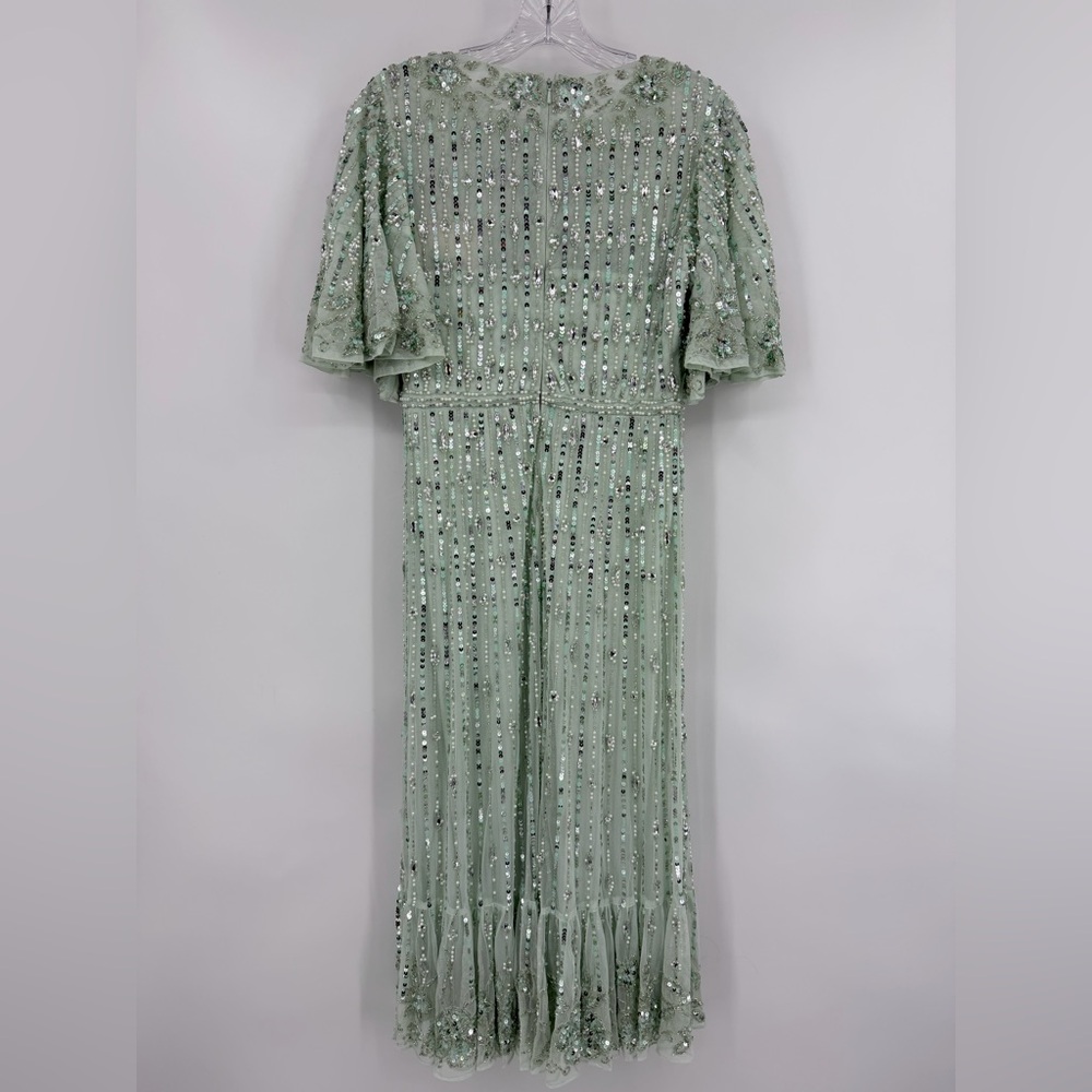 Mac Duggal NWT Sequined Flounce Sleeve Midi Dress Sage Green Size 4 - Picture 7 of 16